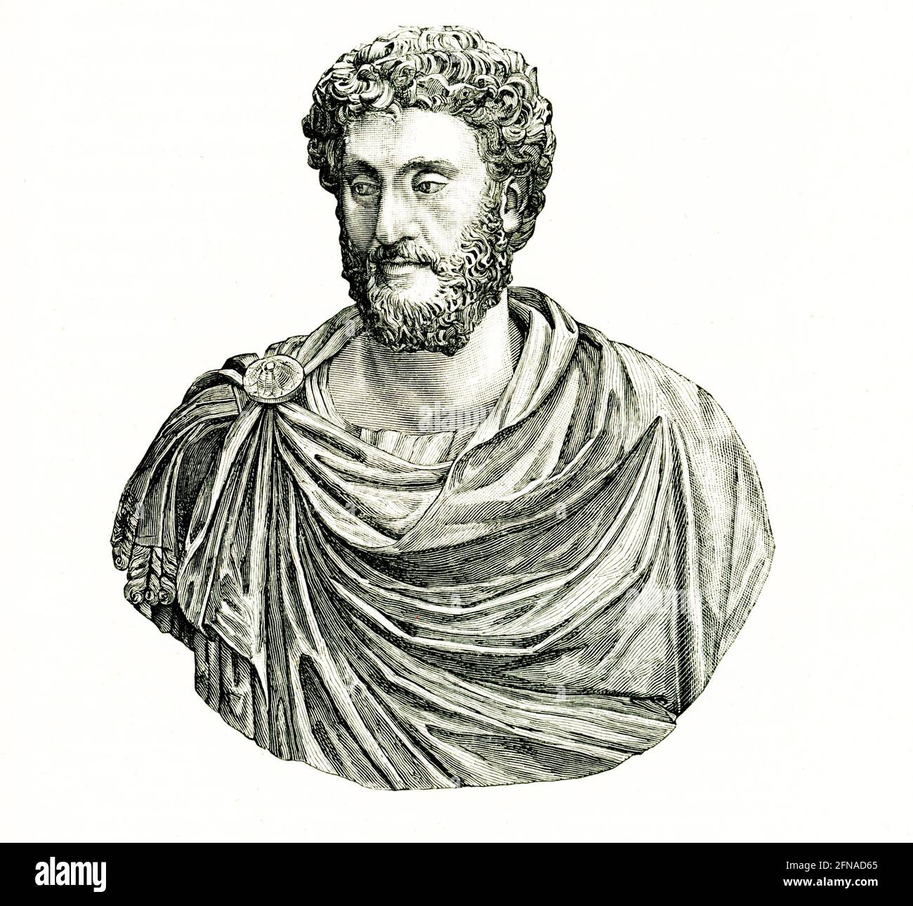 This illustration shows a marble bust ofthe Roman emperor Commodus that was found at Ostia and is housed in the Vatican Museum. Commodus was Roman emperor jointly with his father Marcus Aurelius from 176 until his father's death in 180, and solely until 192. His reign is commonly considered to mark the end of the golden period of peace in the history of the Roman Empire known as the Pax Romana. Stock Photo