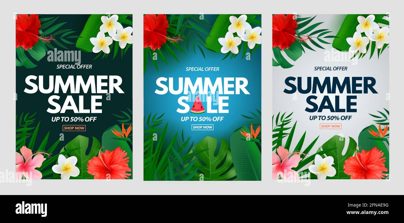 Summer sale a4 vertical poster set. Natural Background with Tropical ...
