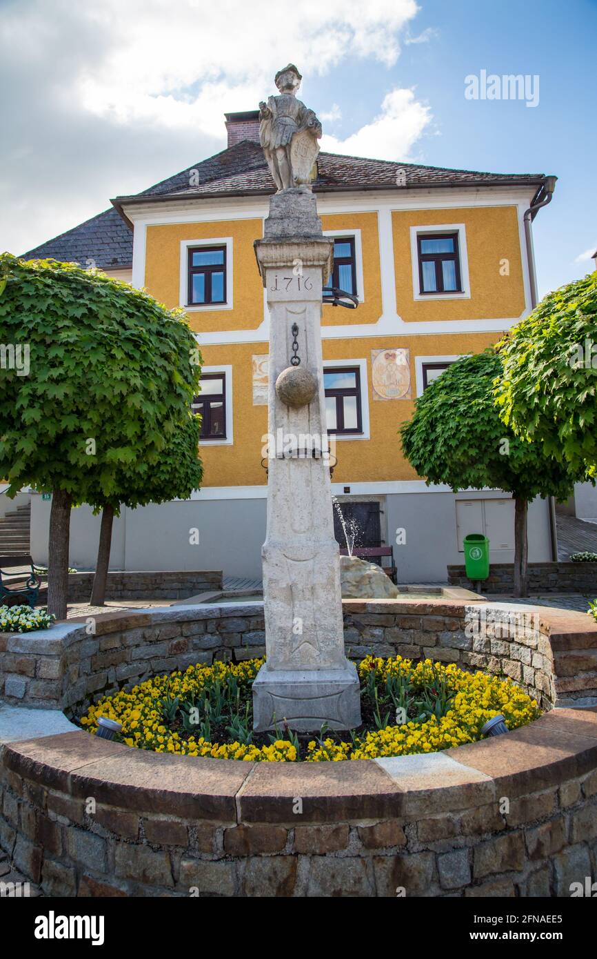 Historic pillory, main square of Steinakirchen am Forst, Mostviertel, Austria Stock Photo