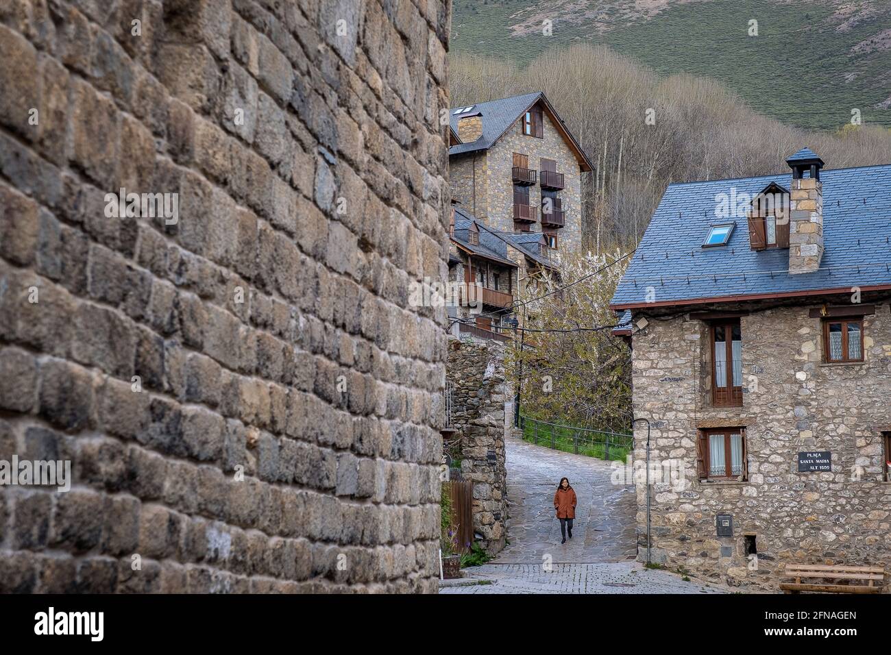 Streets of Taüll, Vall Boí, Lleida, Catalonia, Spain Stock Photo