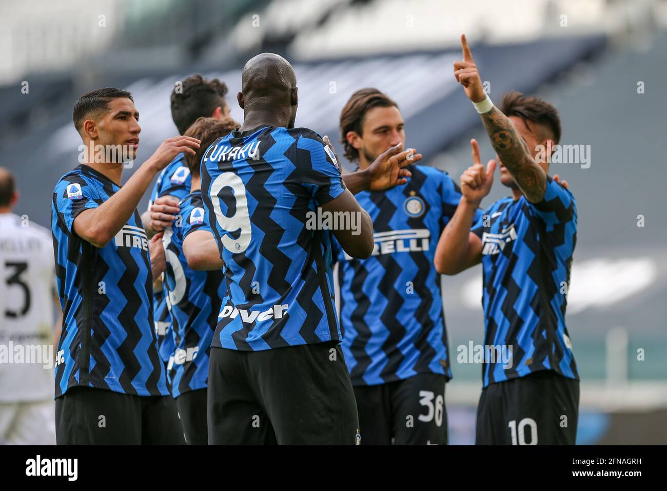 Romelu Lukaku of FC Internazionale celebrates with teammates after scoring during the match between Juventus FC and FC Internazionale at Allianz Stadi Stock Photo
