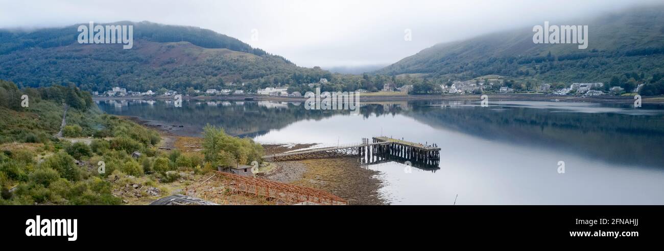 Pier aerial view above Loch Long at Arrochar Stock Photo