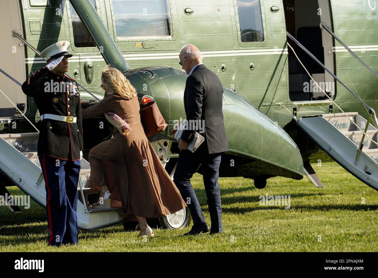 U.S. President Joe Biden and first lady Jill Biden board Marine One as they depart from the White House en route to Wilmington, Delaware from the Ellipse in Washington, U.S., May 15, 2021. REUTERS/Yuri Gripas Stock Photo