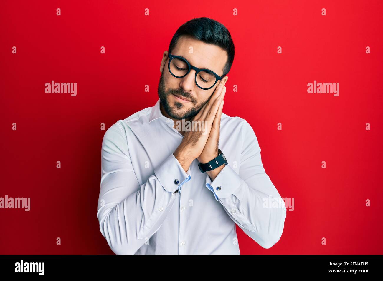 Young Hispanic Businessman Wearing Shirt And Glasses Sleeping Tired 