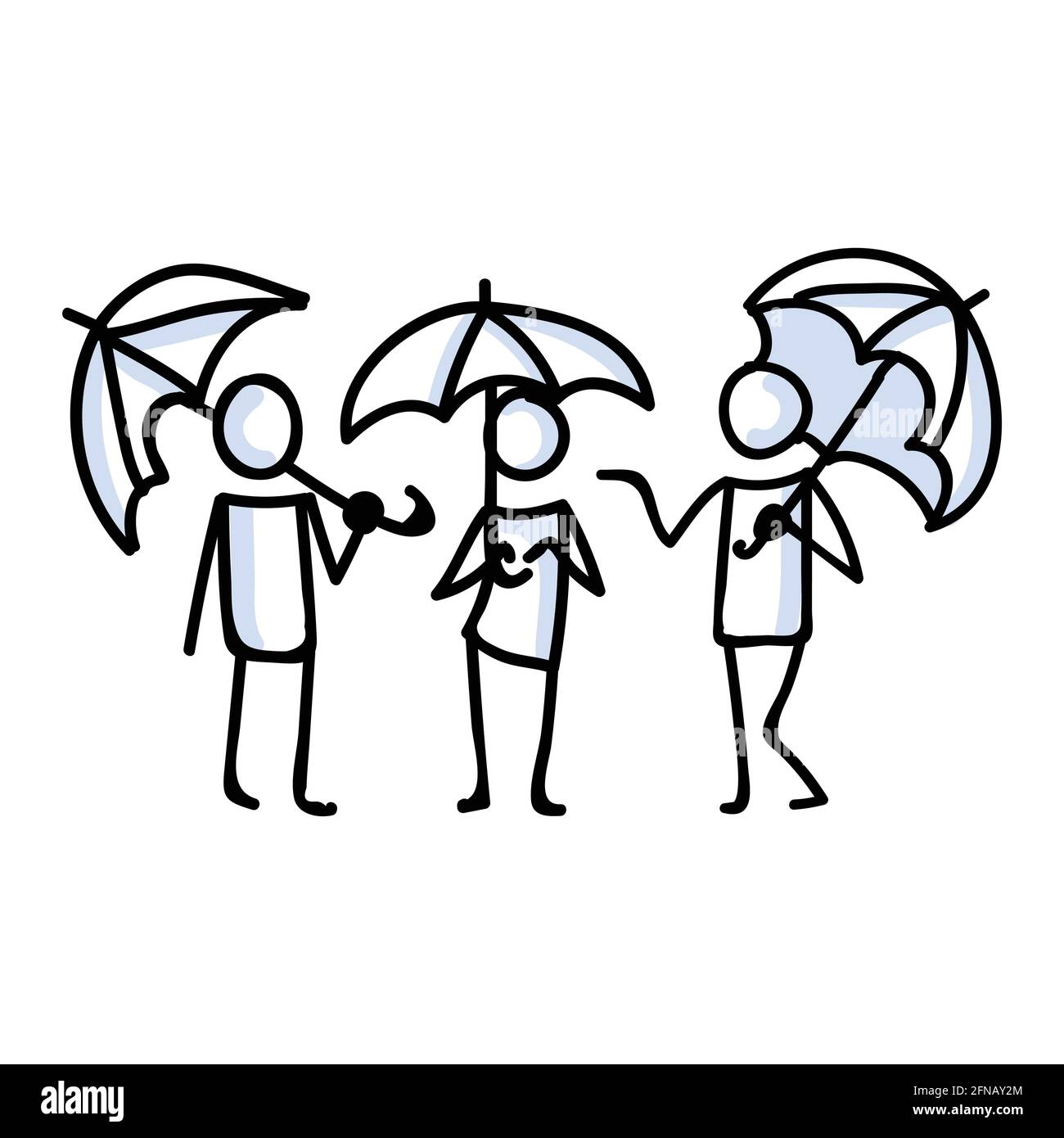Hand Drawn Three Stick Figures with Umbrella in Rain. Concept of Storm