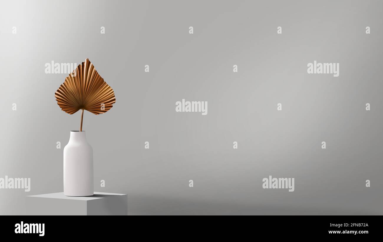 Dried leaves isolated, White vase with dried palm leaf. Fan palm leaf