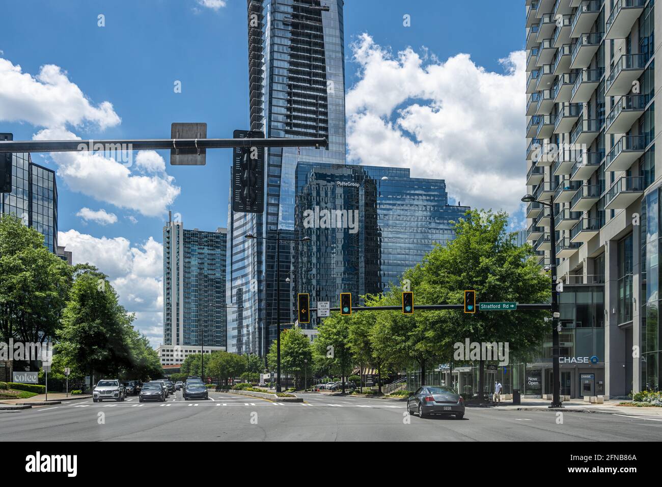 Street view along Peachtree Road with luxury high-rise condos and apartments in the Buckhead district of Atlanta, Georgia. (USA) Stock Photo