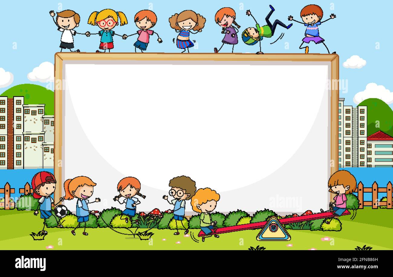Park scene with blank banner and many kids doodle cartoon character