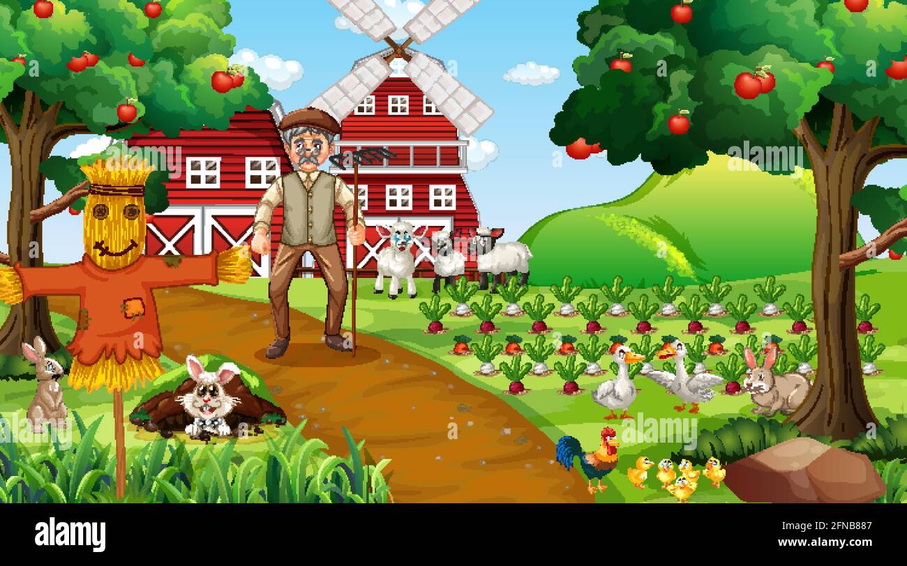 Farm scene at daytime with old farmer man and cute animals illustration ...