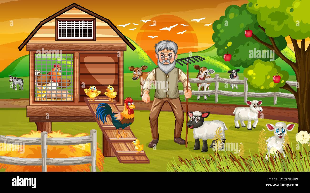 Farm at sunset time scene with old farmer man and farm animals ...