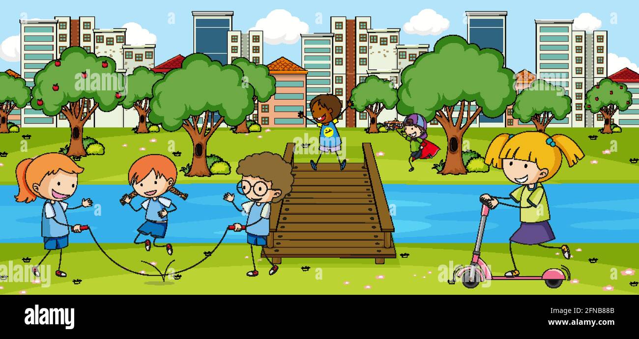 Outdoor scene with many kids playing in the park illustration Stock ...