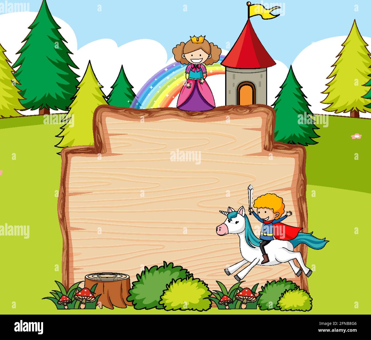 Empty wooden banner in the forest scene with fairy tale cartoon ...