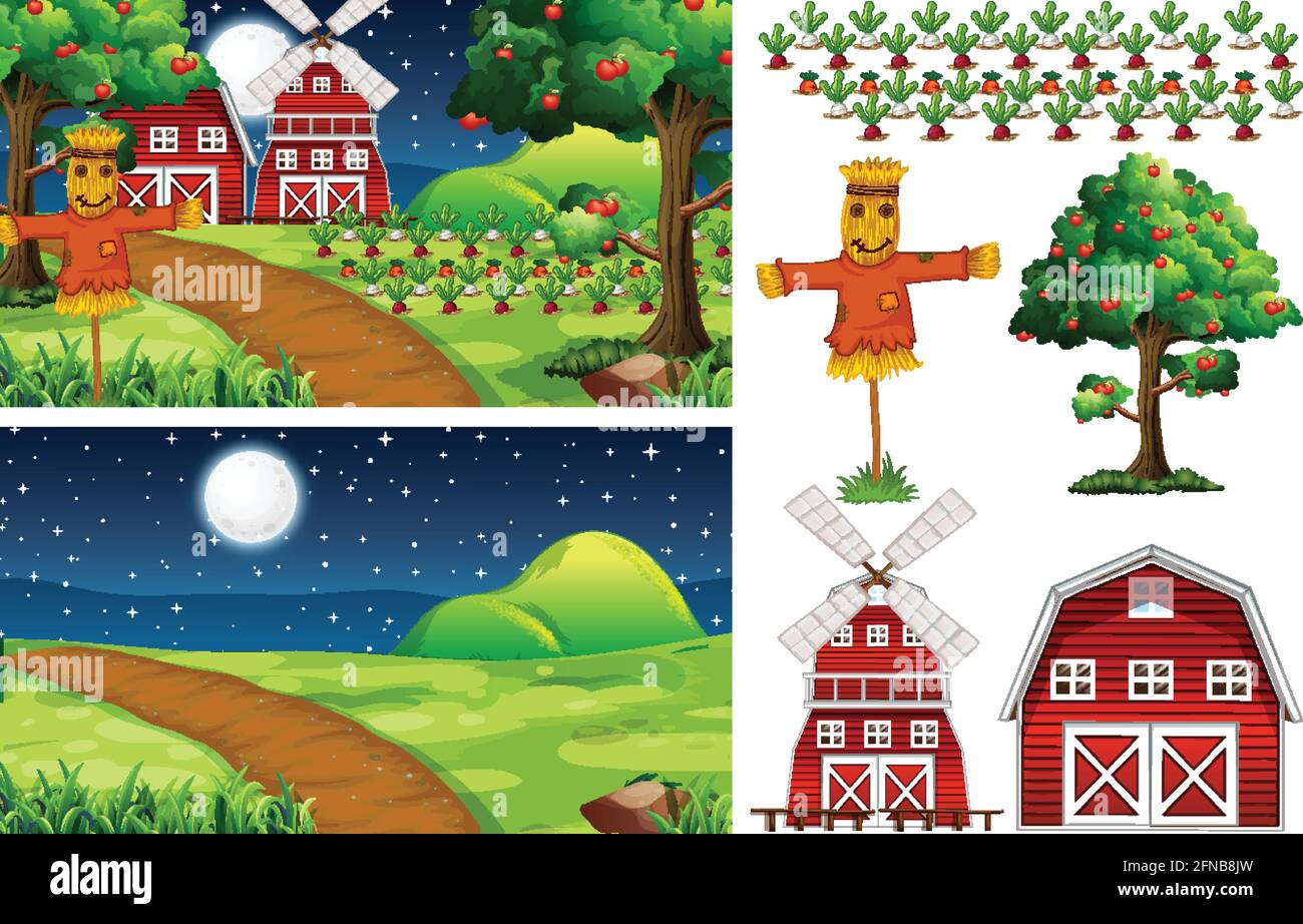 Farm element set isolated with farm scence illustration Stock Vector ...