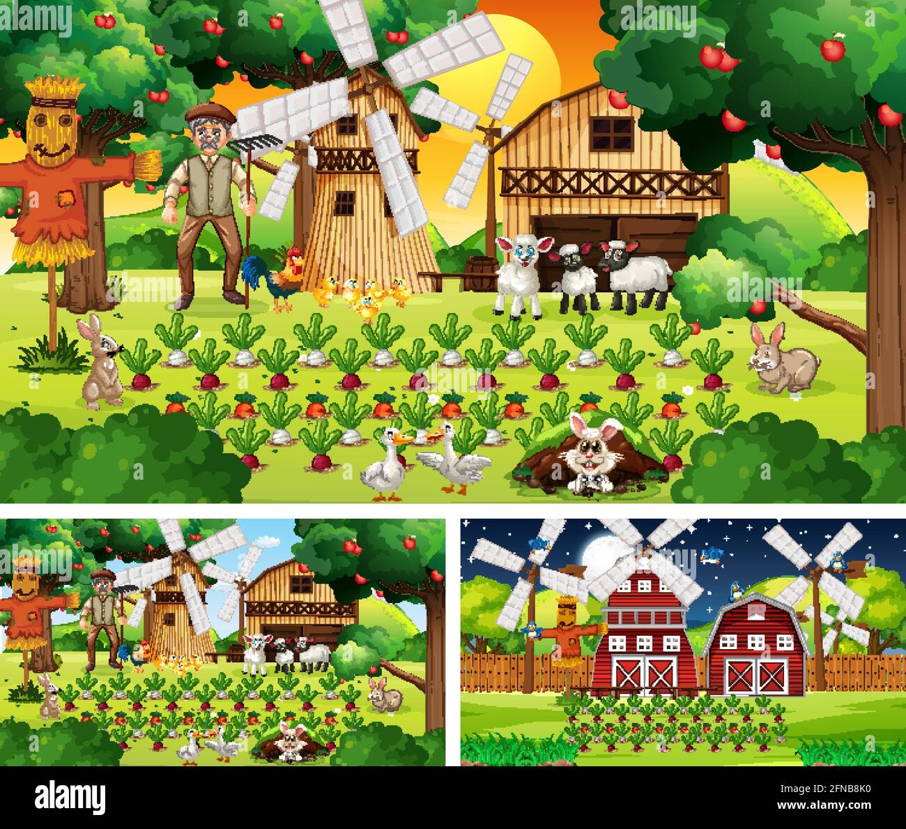 Different farm scenes with old farmer man and animals illustration Stock Vector