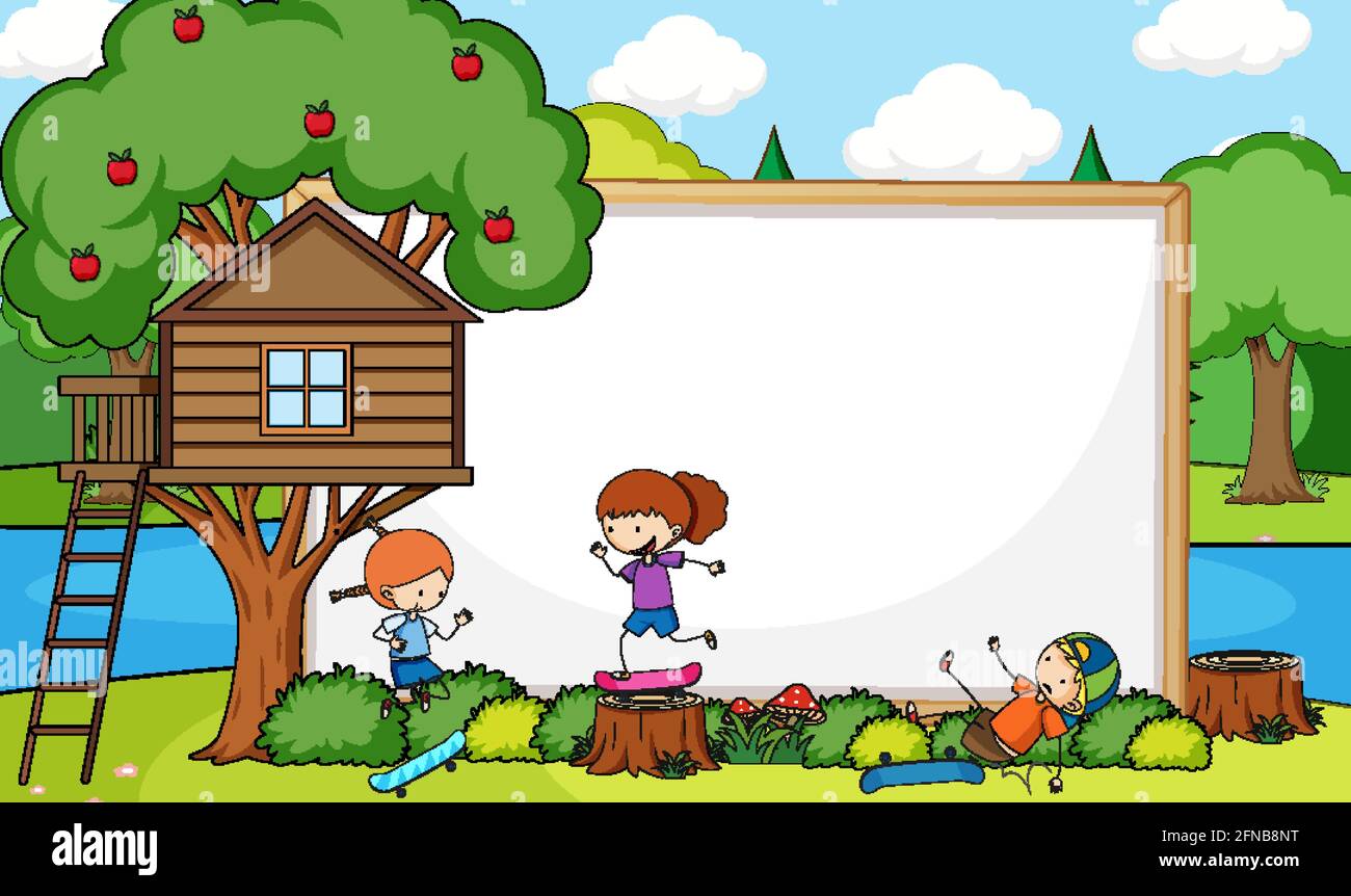 Blank banner in the forest scene with fairy tales cartoon character and ...