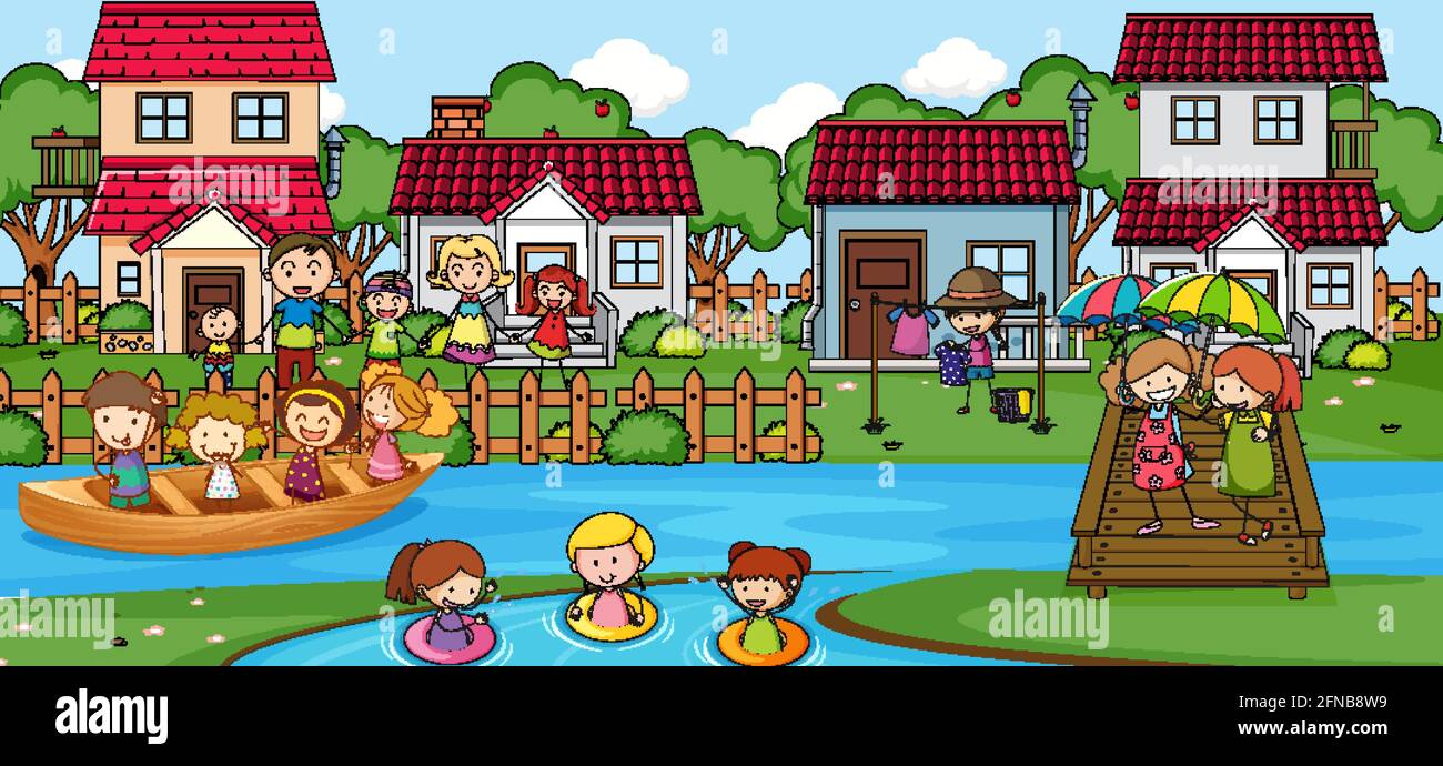 Outdoor scene with many kids playing in the park illustration Stock ...