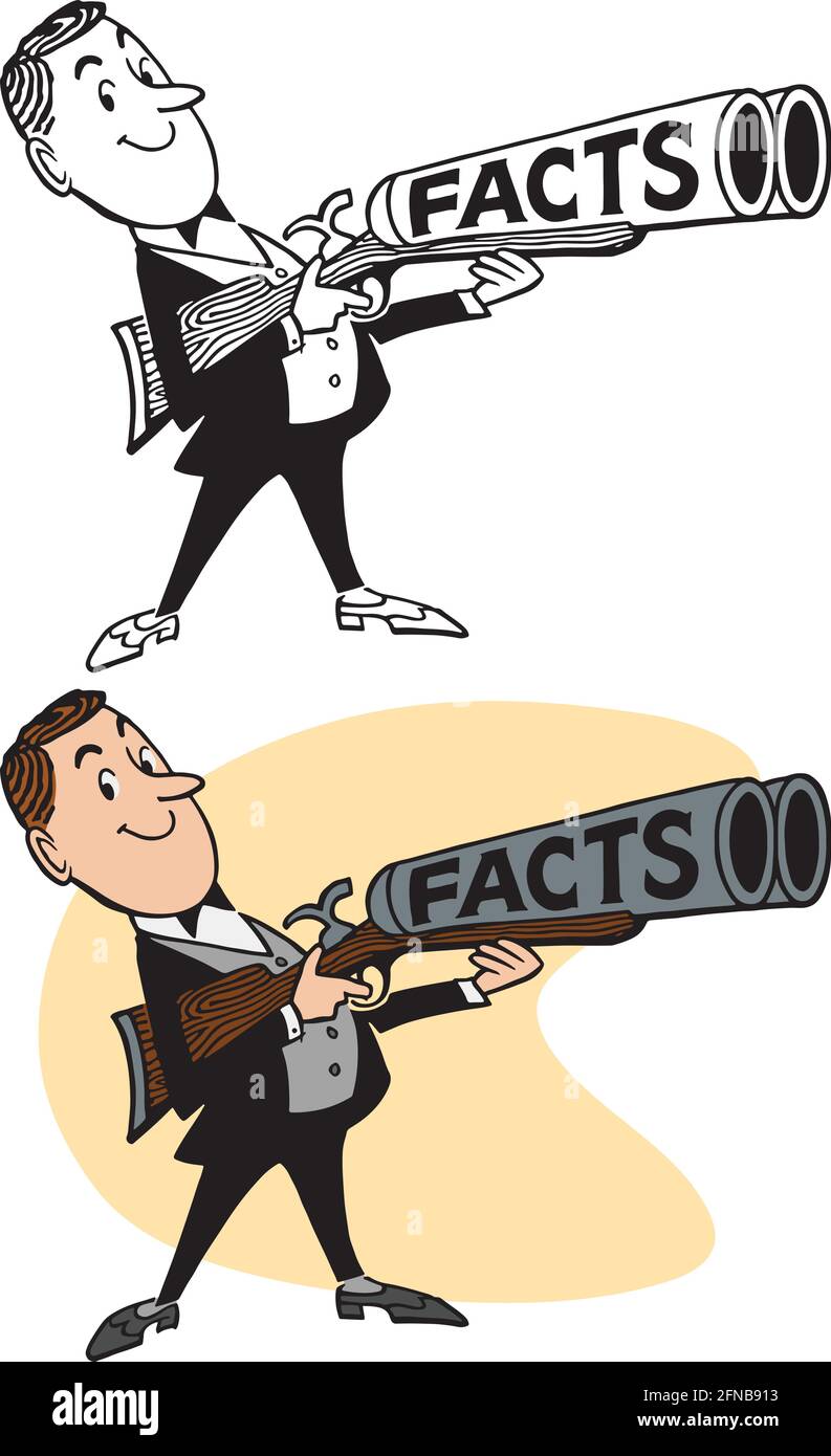 A retro cartoon of a straight shooter businessman holding a shotgun that shoots facts. Stock Vector