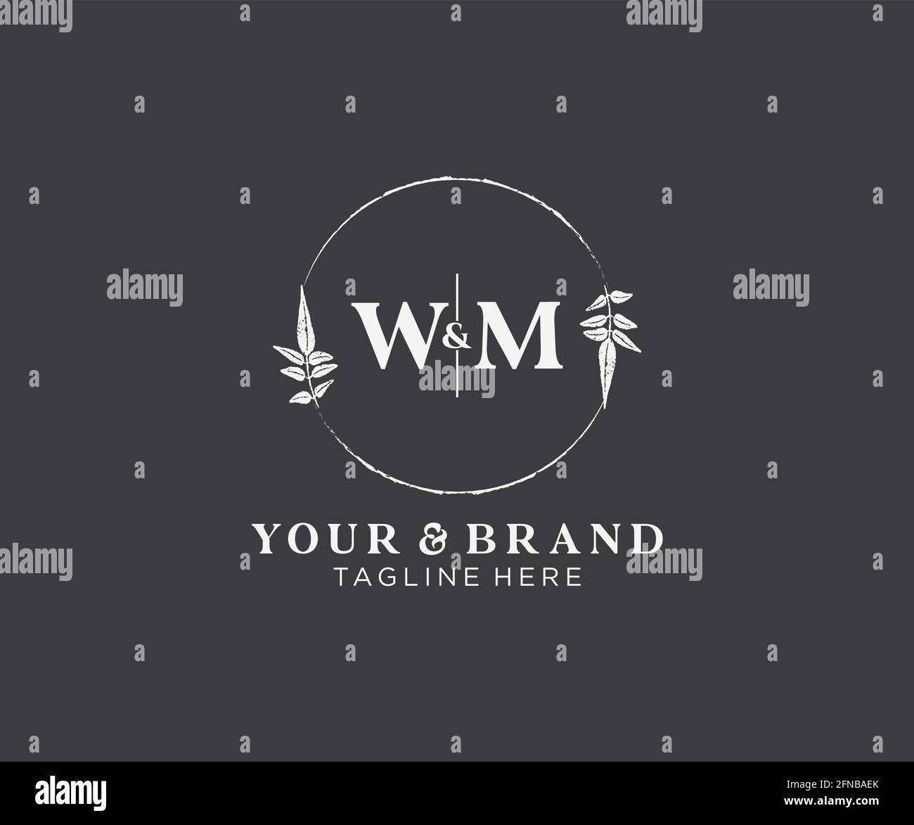 WM letters floral frames. Botanical feminine editable premade monoline unique decoration for greeting card, wedding invitation. Stock Vector