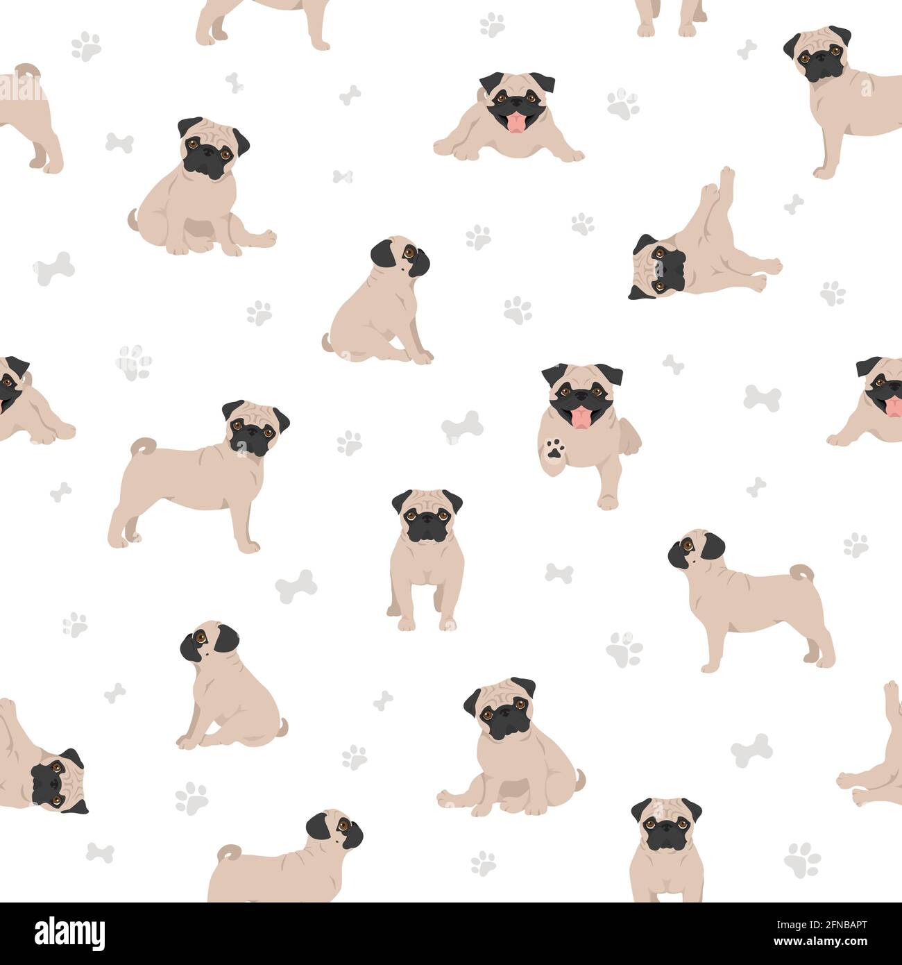 Pug seamless pattern. Different poses, coat colors set.  Vector illustration Stock Vector