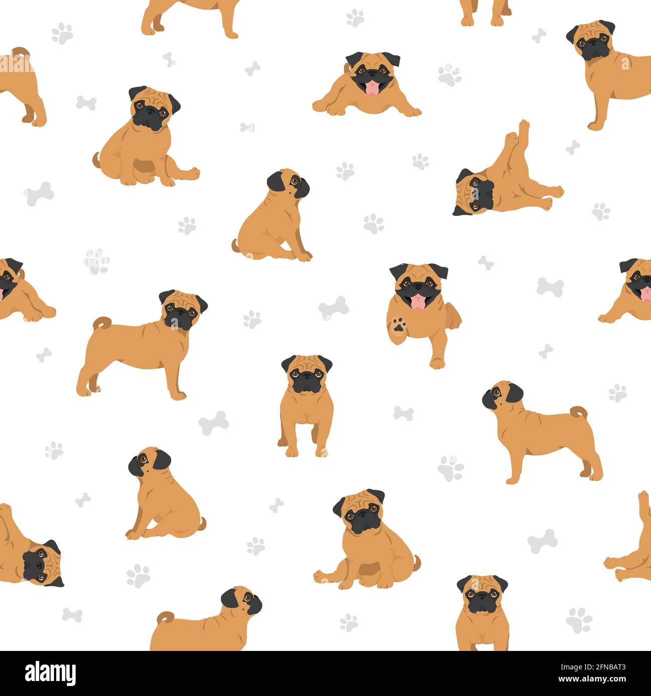 Pug seamless pattern. Different poses, coat colors set.  Vector illustration Stock Vector
