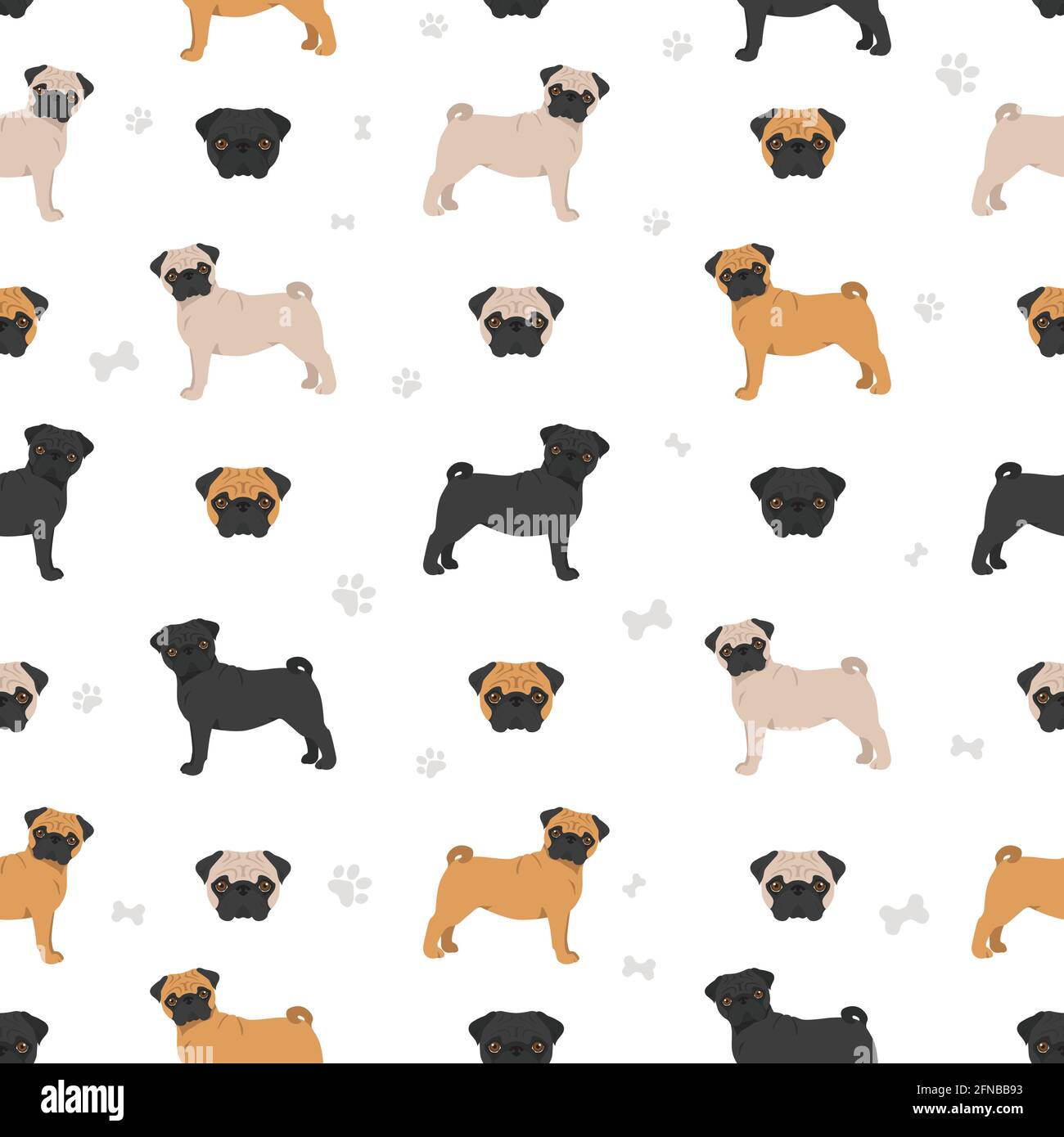 Pug seamless pattern. Different poses, coat colors set.  Vector illustration Stock Vector