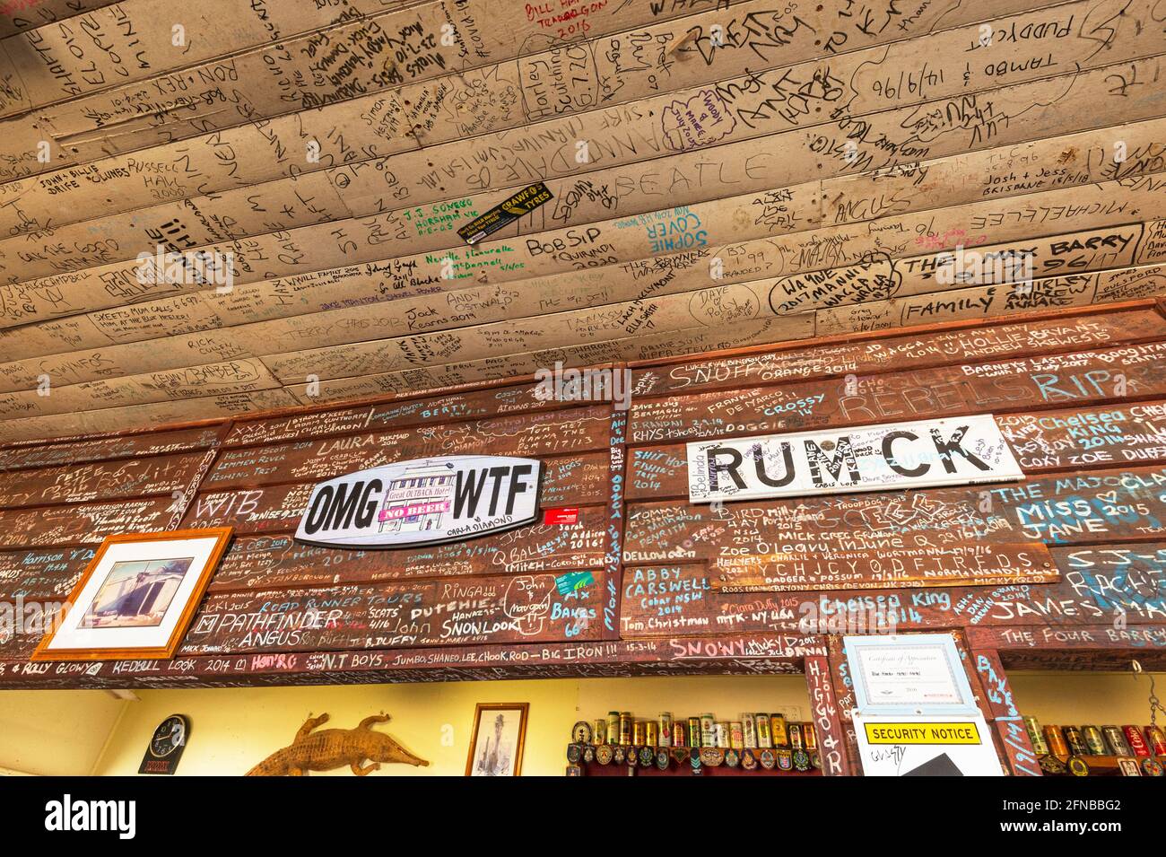 Graffiti on the walls and ceiling as décor of the iconic Blue Heeler Hotel, Kynuna, Queensland, QLD, Australia. Stock Photo