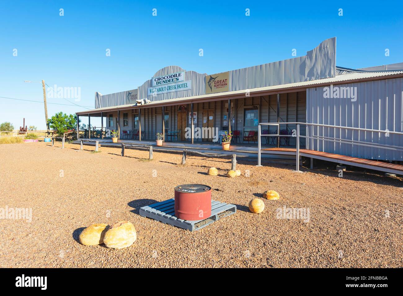 Exterior of the Walkabout Creek Hotel featured in the Crocodile Dundee's movie, McKinlay, Central Queensland, QLD, Australia. Stock Photo