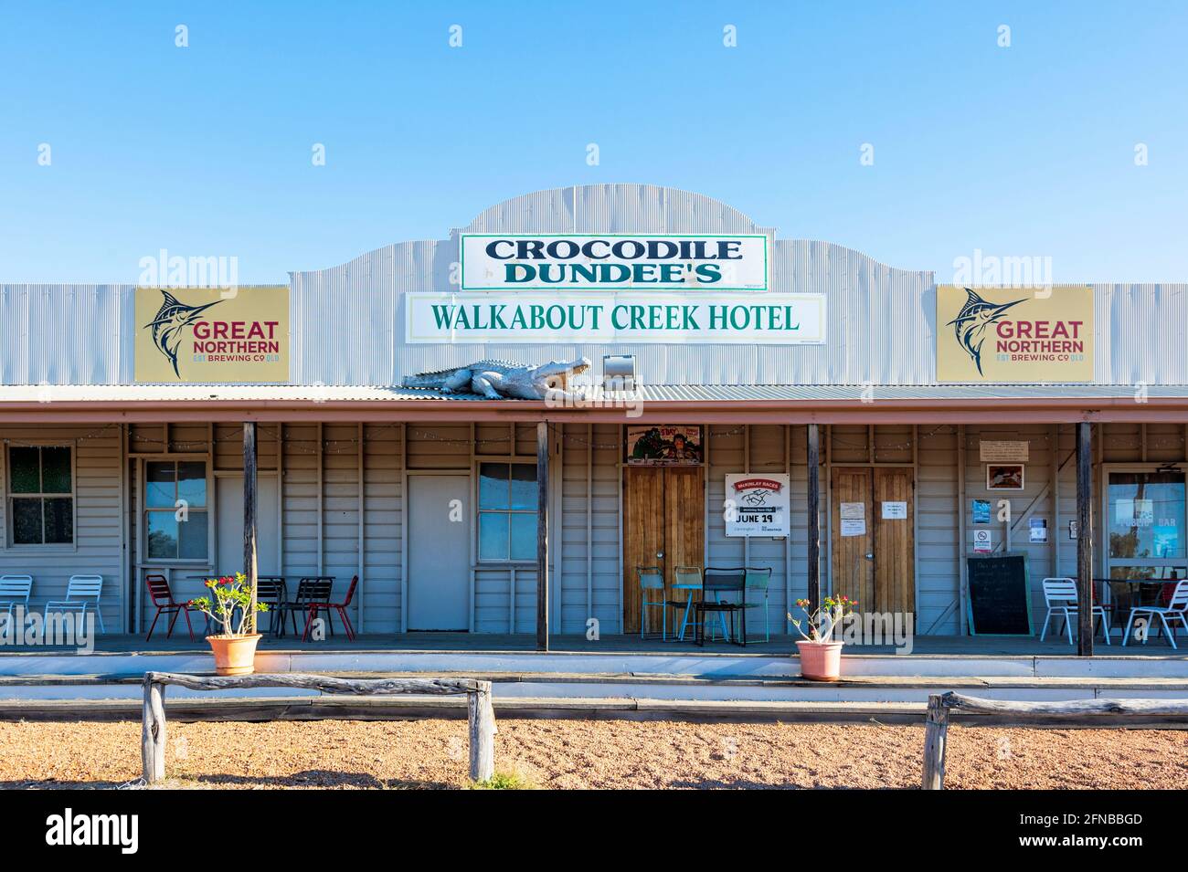 Exterior of the Walkabout Creek Hotel featured in the Crocodile Dundee's movie, McKinlay, Central Queensland, QLD, Australia. Stock Photo