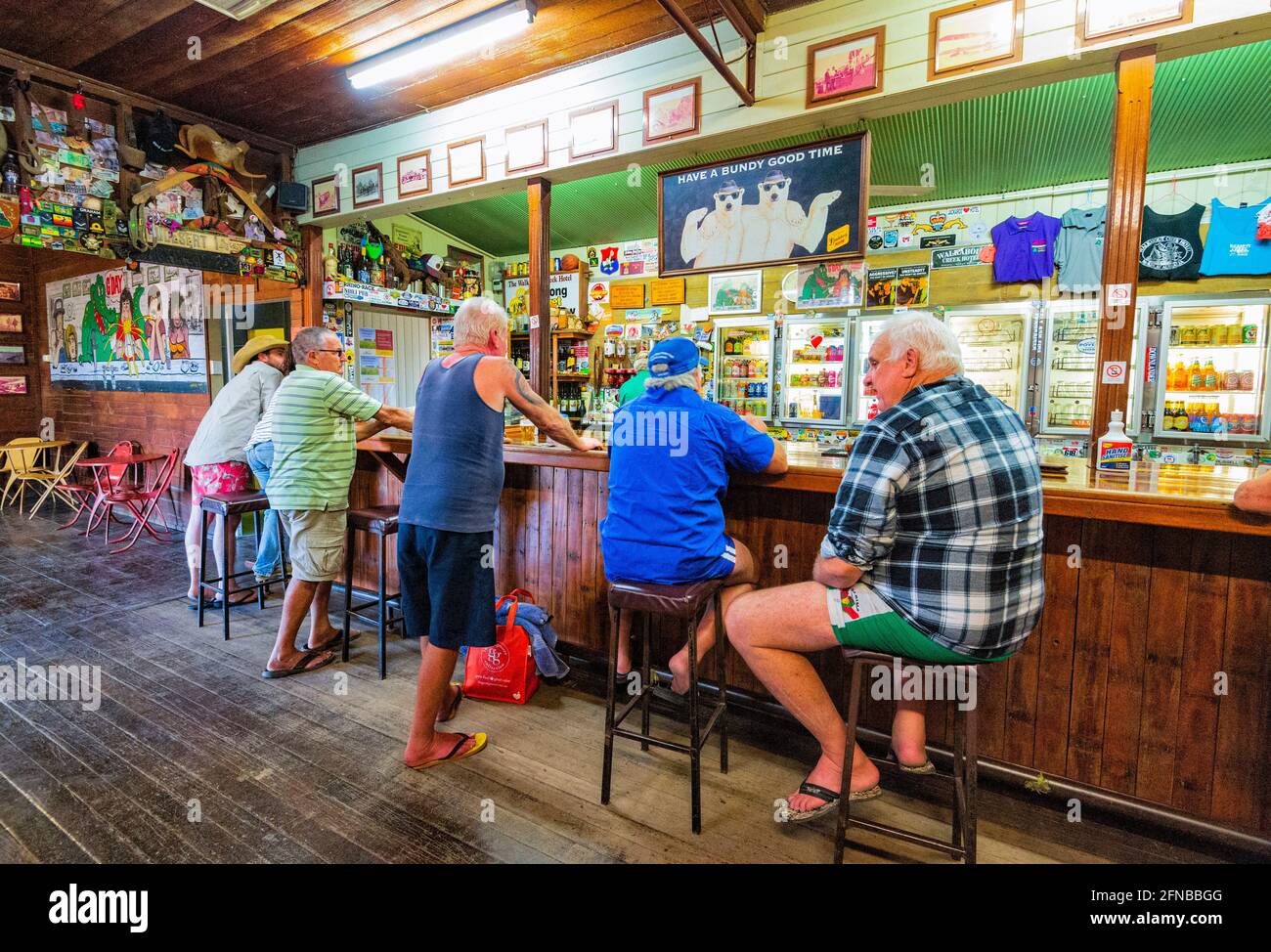 Customers inside the Walkabout Creek Hotel featured in the Crocodile Dundee's movie, McKinlay, Queensland, QLD, Australia. Stock Photo