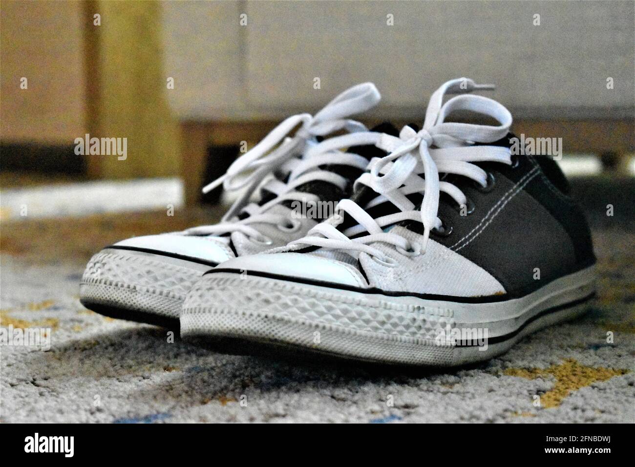 A pair of white and gray sneakers with shoelaces tied Stock Photo