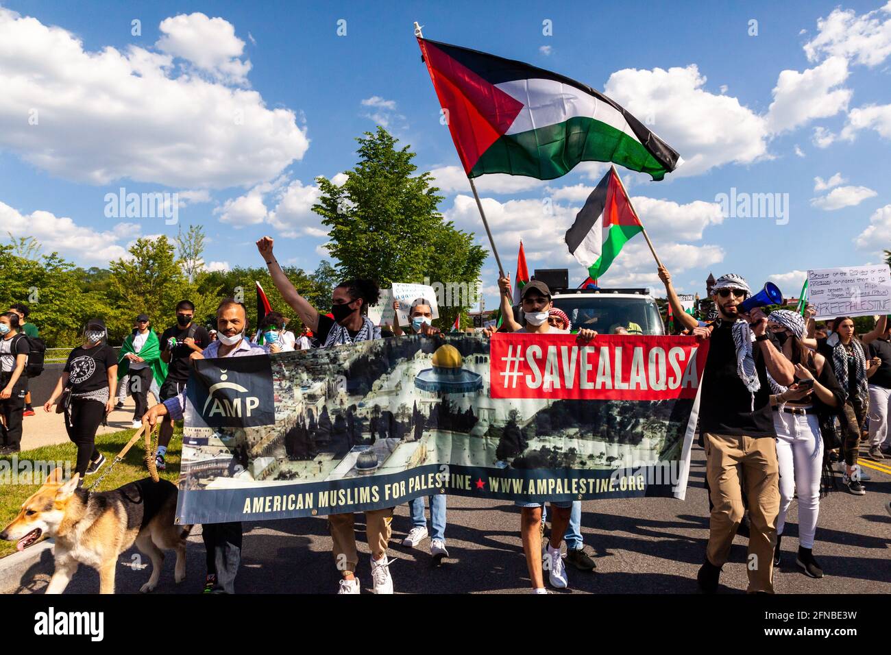 Washington, DC, USA. 15th May, 2021. Pictured: The lead banner at the March for Palestine, on the 73rd anniversary of the Nakba, Israel's seizure of Palestine in 1948. The date takes on greater significance this year as a result of Israel's invasion of Al Aqua mosque in Jerusalem and airstrikes in Gaza. Credit: Allison Bailey/Alamy Live News Stock Photo