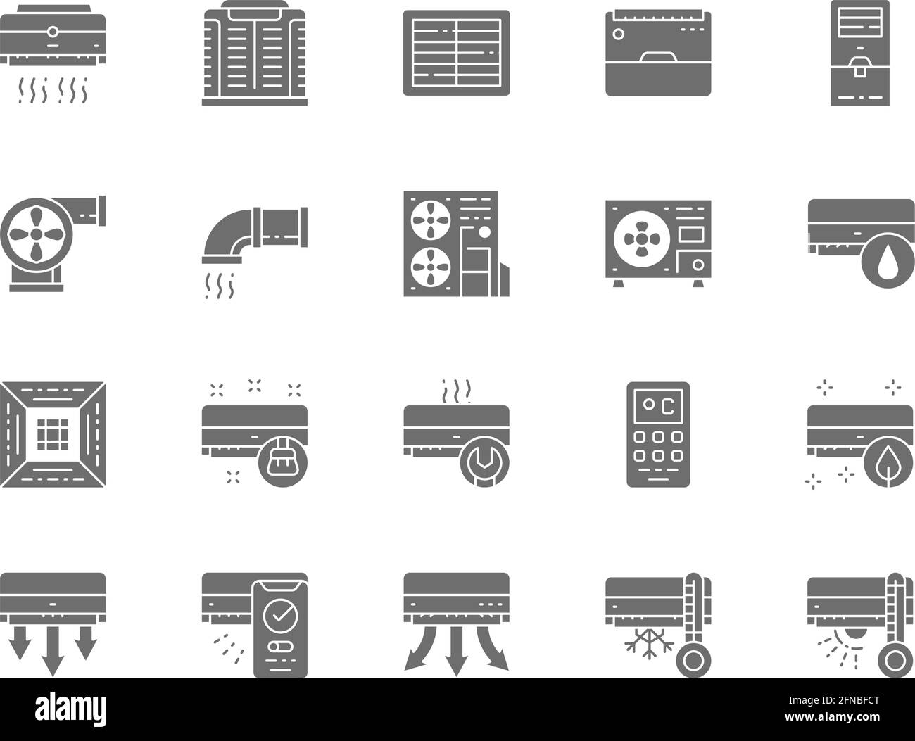 Set of Air Conditioning Grey Icons. Remote Control, Cooler, Humidifier and more Stock Vector