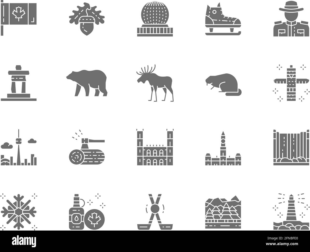 Set of Canadian Culture Grey Icons. Sports Equipment, Police, Bear, Elk and more Stock Vector