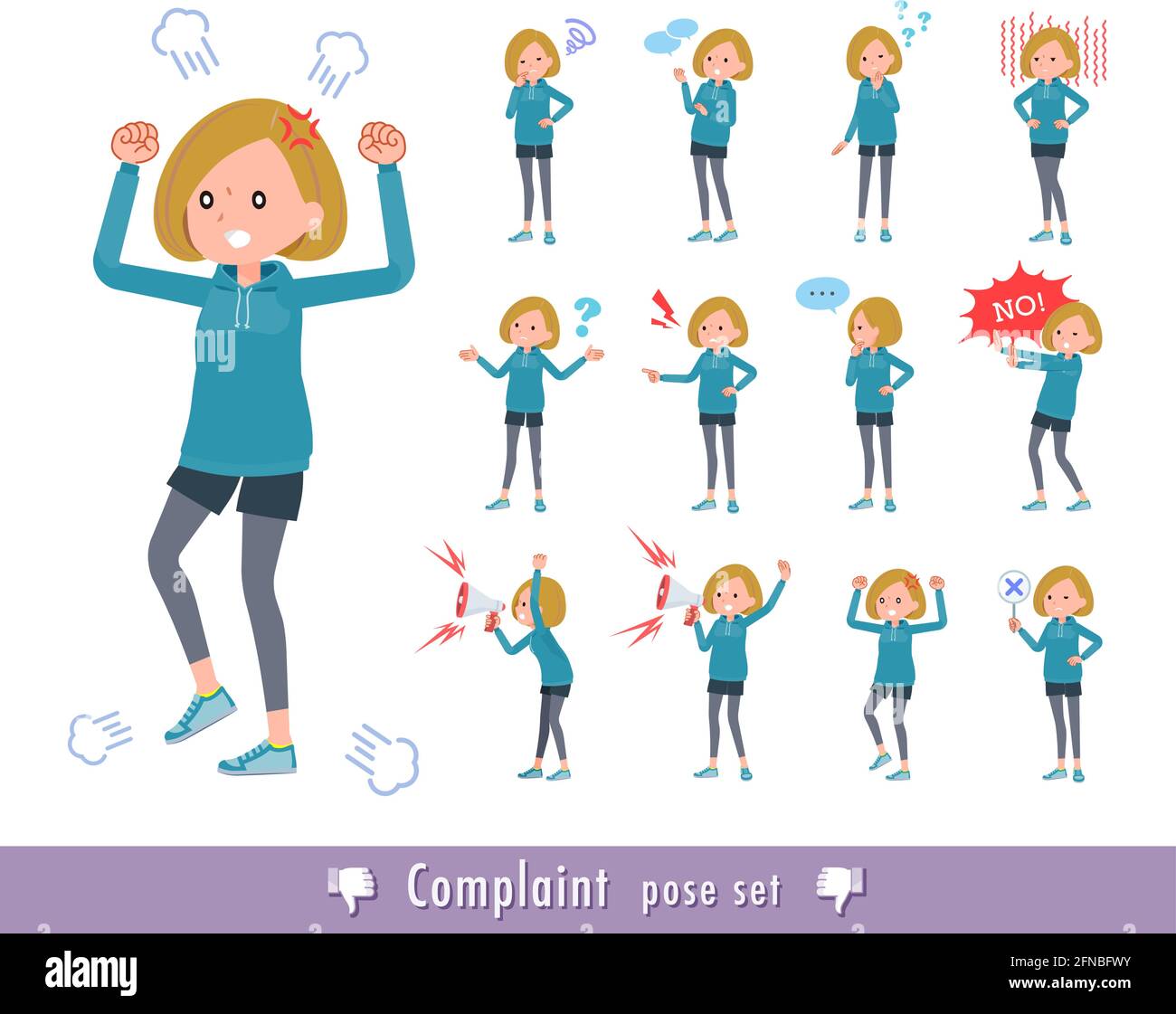 A set of women in a hoodie expressing their discontent.It's vector art so easy to edit. Stock Vector