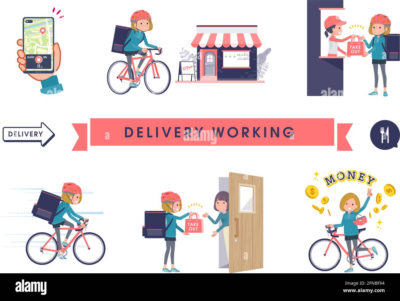 A set of women in a hoodie doing delivery work.It's vector art so easy to edit. Stock Vector