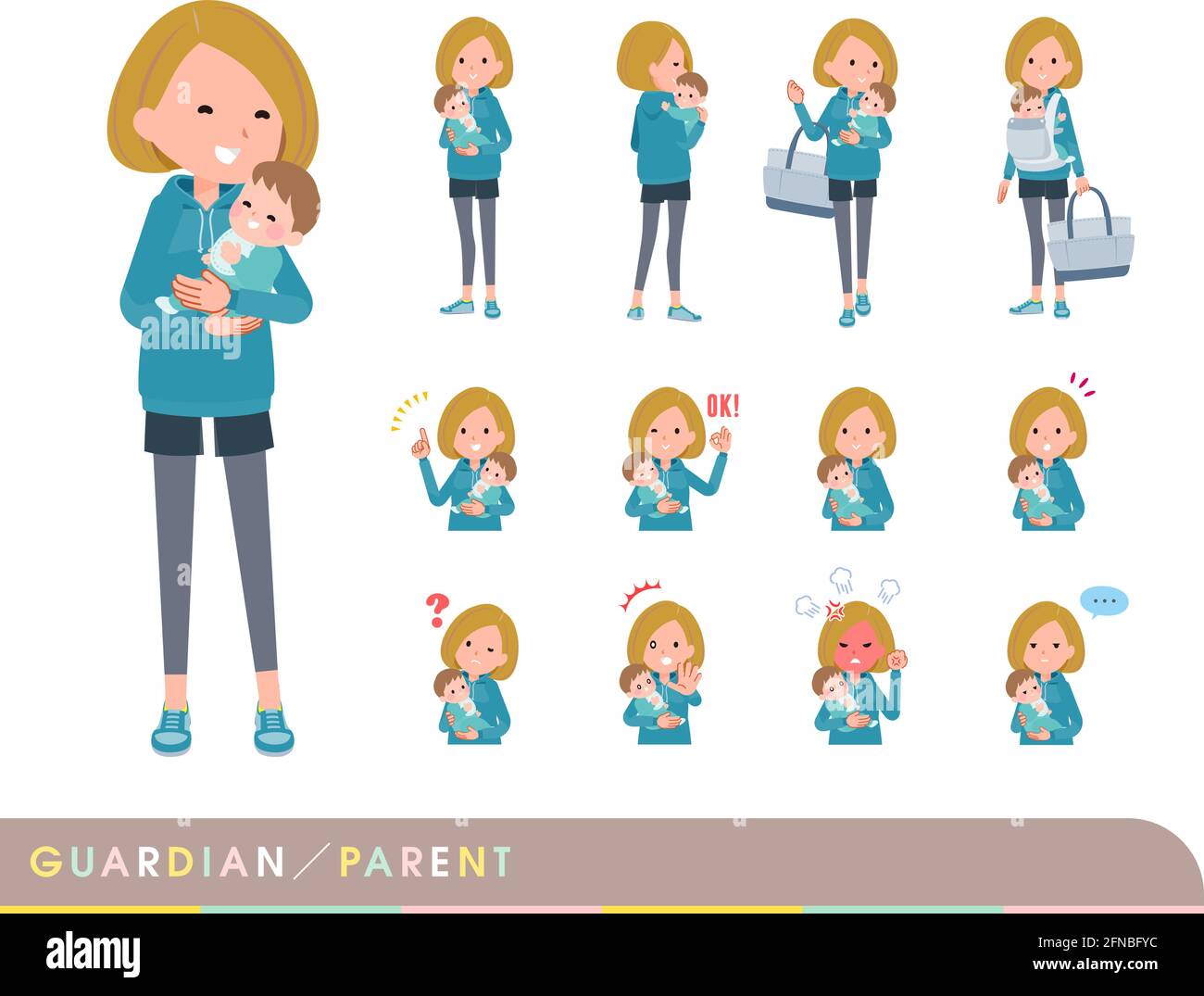 A set of women in a hoodie who are guardian of baby.It's vector art so easy to edit. Stock Vector