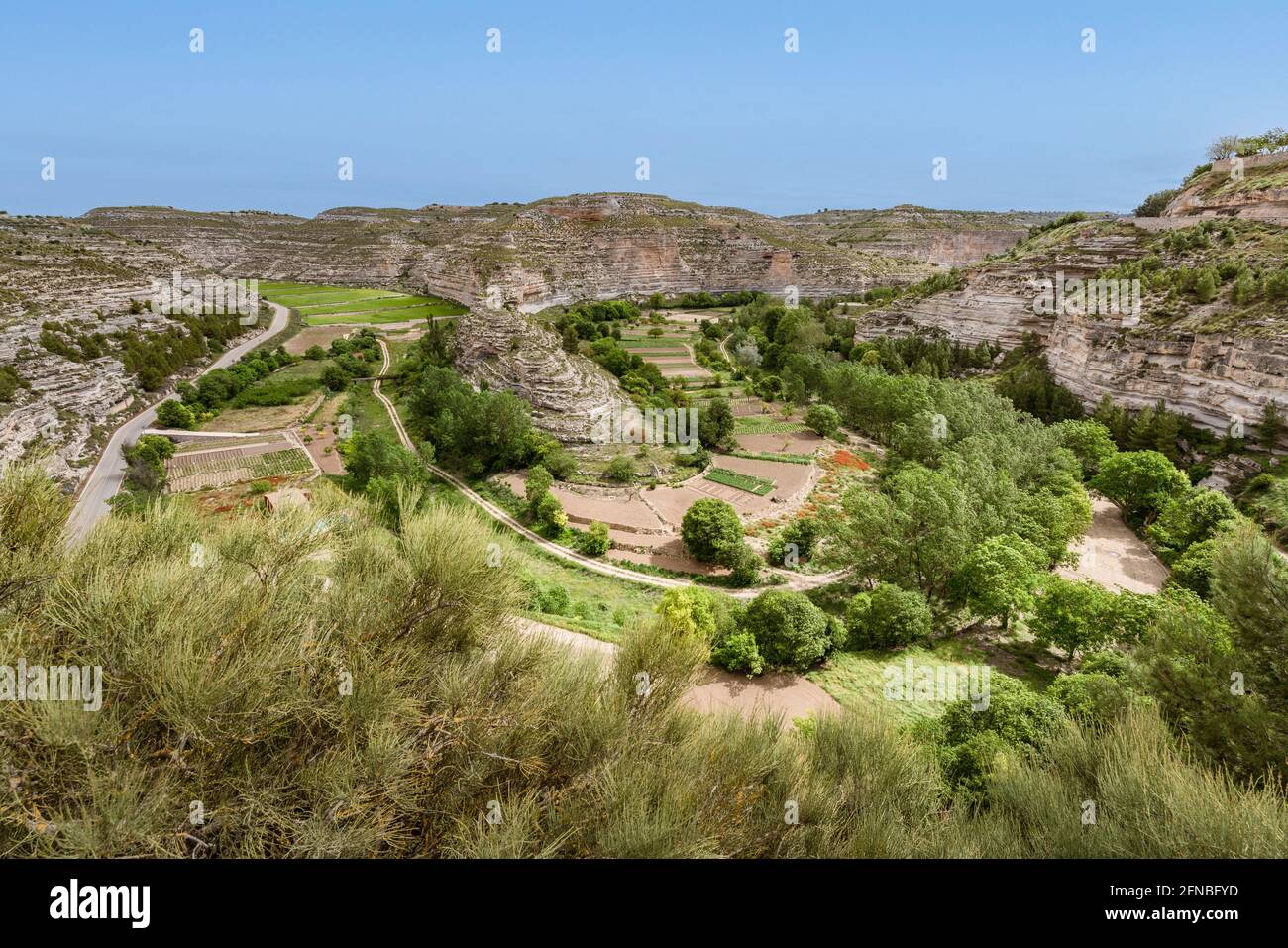 Green meander with cultivated fields landscape in Jorquera, La Manchuela region, Spain Stock Photo