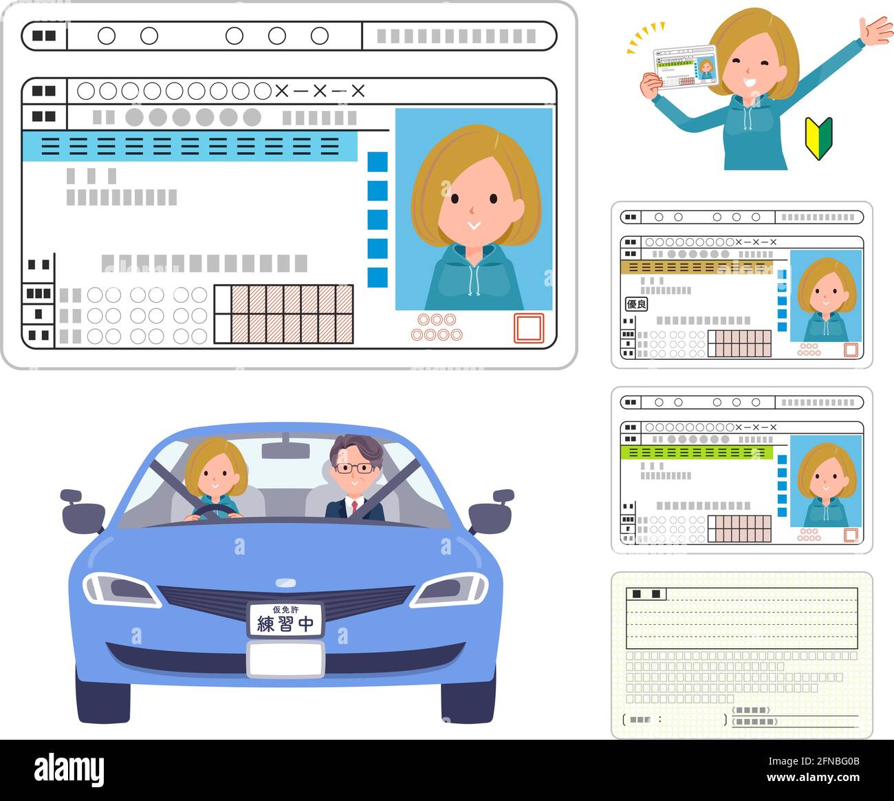 A set of women in a hoodie who get a driver's license.It's vector art so easy to edit. Stock Vector