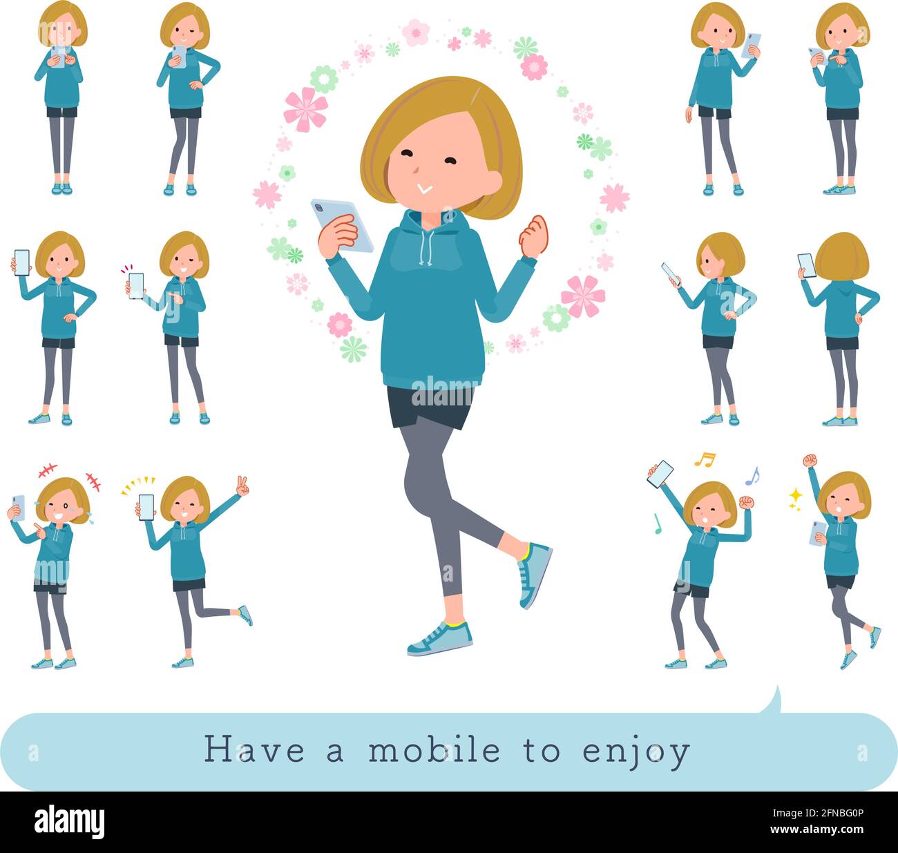 A set of women in a hoodie to enjoy using a smartphone.It's vector art so easy to edit. Stock Vector
