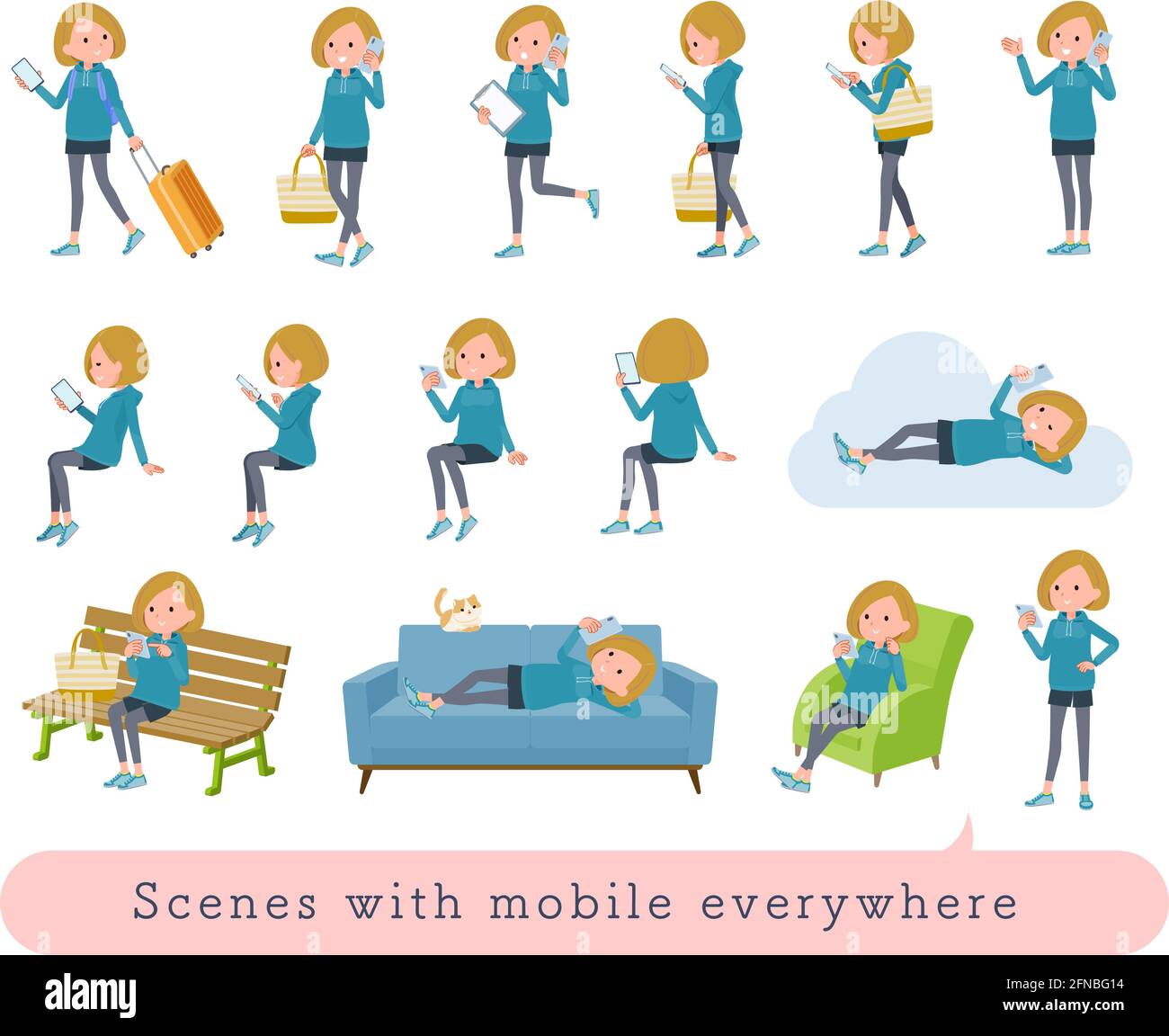 A set of women in a hoodie who uses a smartphone in various scenes.It's vector art so easy to edit. Stock Vector