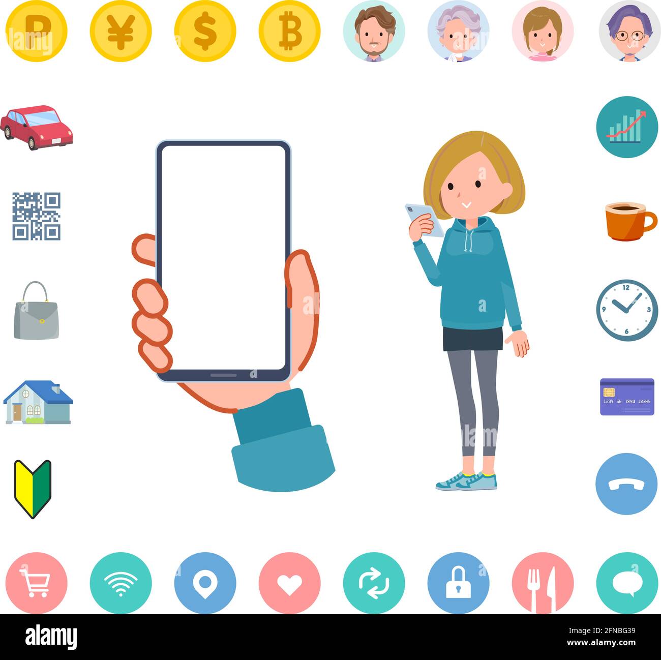 A set of women in a hoodie looking at a smartphone screen.It's vector art so easy to edit.The inside of the screen is transparent, so it is easy to fi Stock Vector