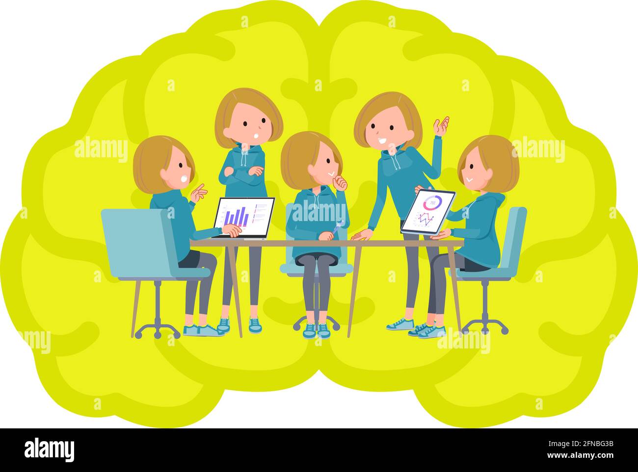 A set of women in a hoodie having an intracerebral meeting.It's vector art so easy to edit. Stock Vector