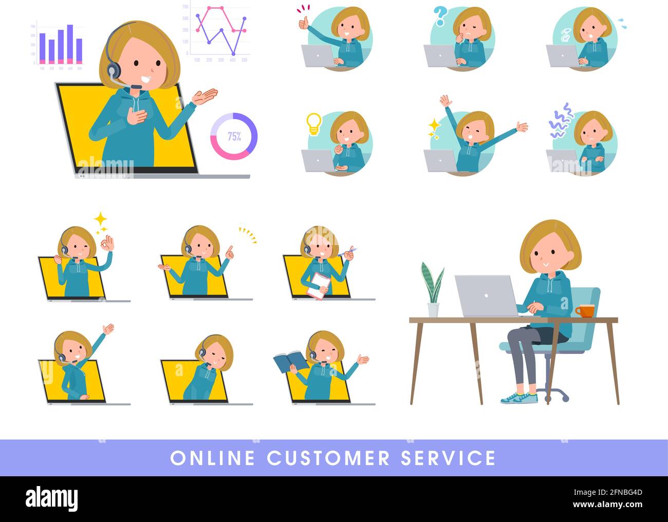 A set of women in a hoodie serving customers online.It's vector art so easy to edit. Stock Vector
