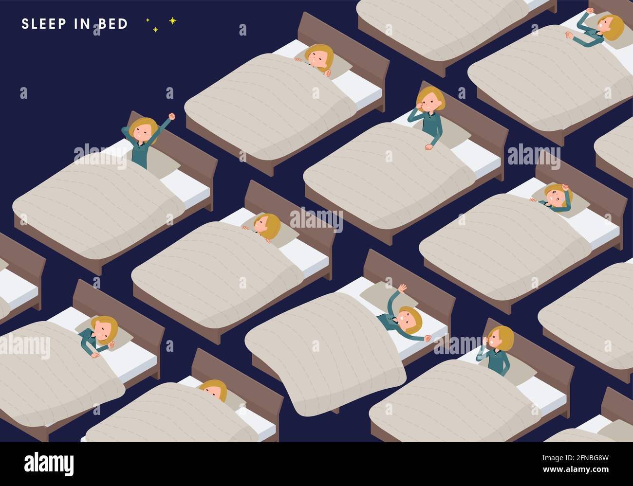 A set of women in a hoodie in various poses sleeping in bed.It's vector art so easy to edit. Stock Vector