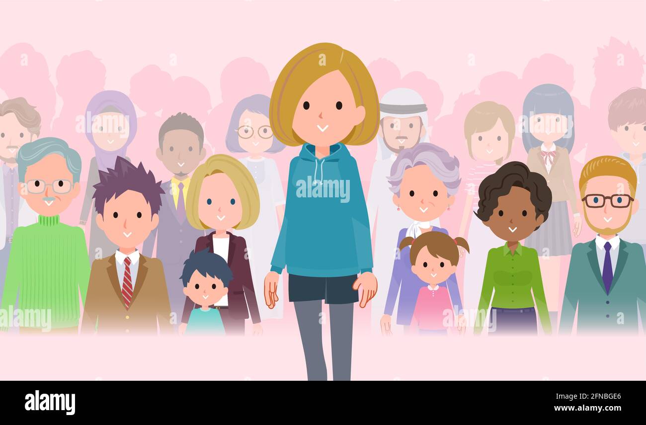 A set of women in a hoodie standing in front of a large number of people.It's vector art so easy to edit. Stock Vector
