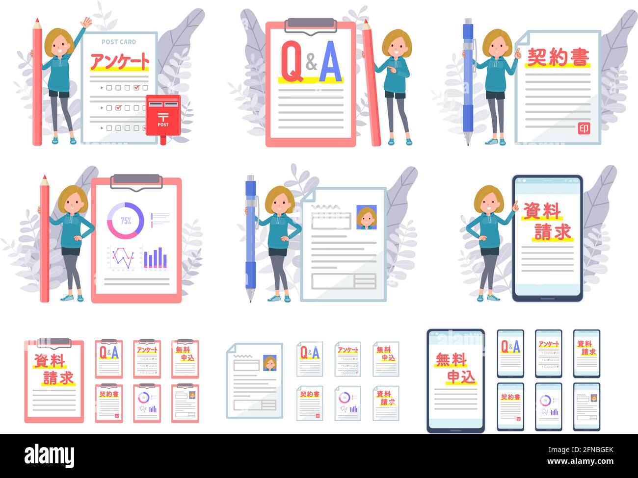 A set of women in a hoodie and various documents.It's vector art so easy to edit. Stock Vector