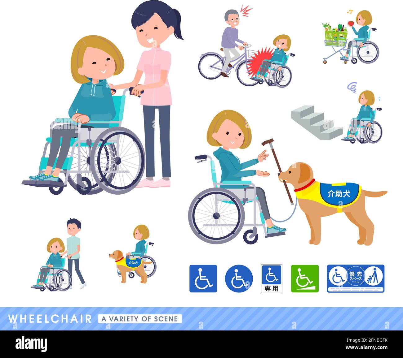 A set of women in a hoodie in a wheelchair.It depicts various situations of wheelchair users. Stock Vector