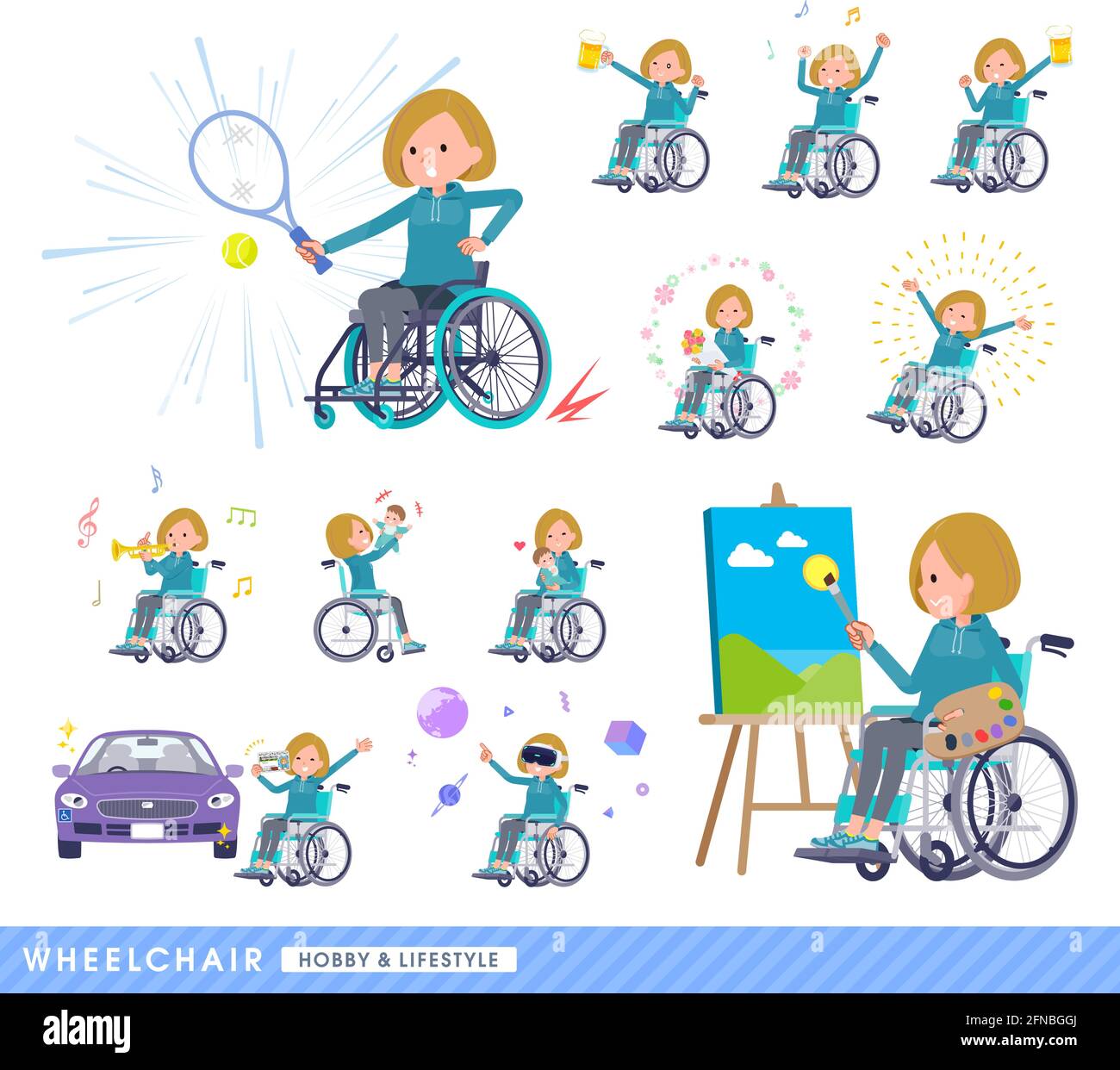 A set of women in a hoodie in a wheelchair.About hobbies and lifestyle.It's vector art so easy to edit. Stock Vector