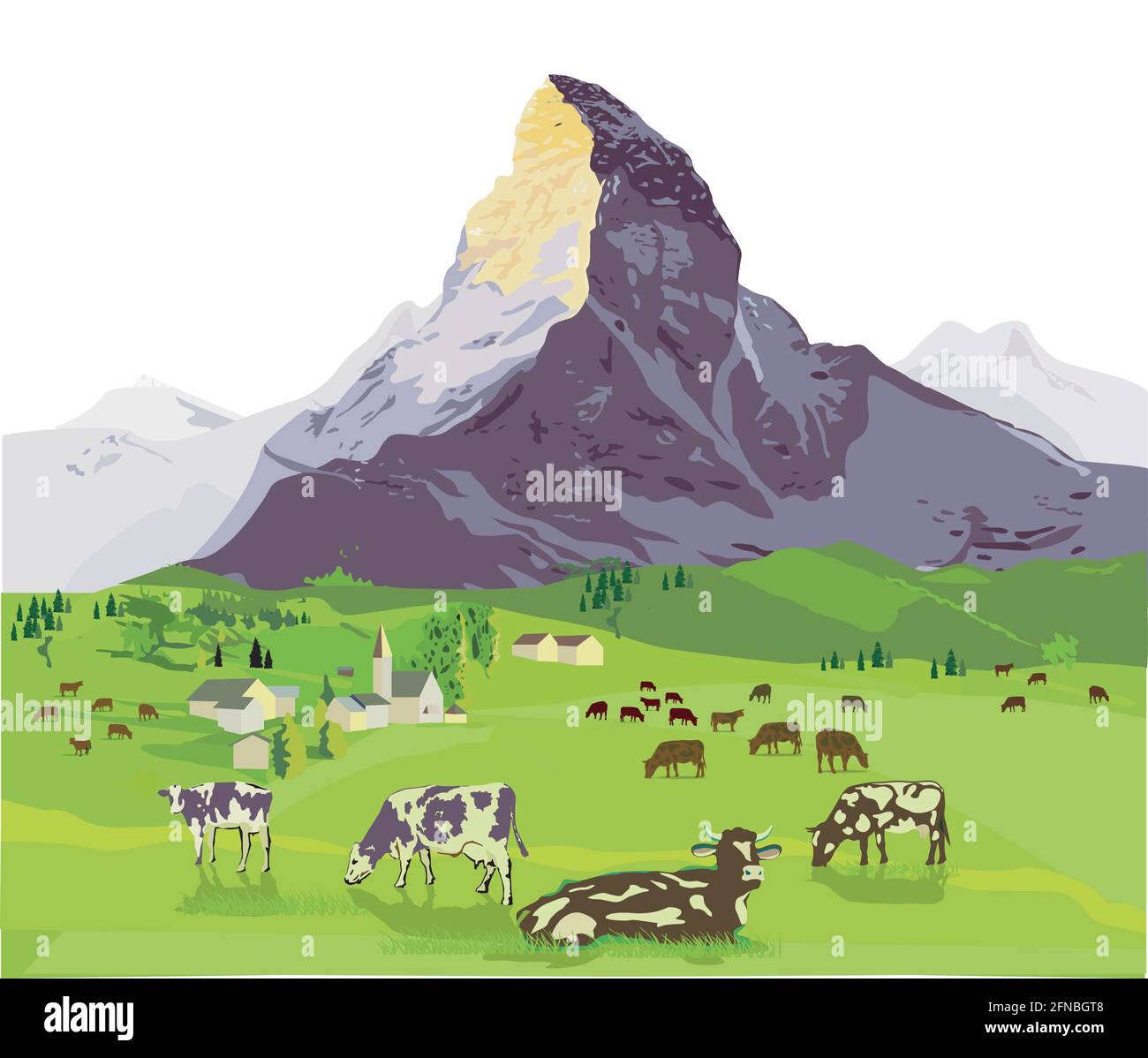 Mountain scenery with cattle on the alpine pasture Stock Vector