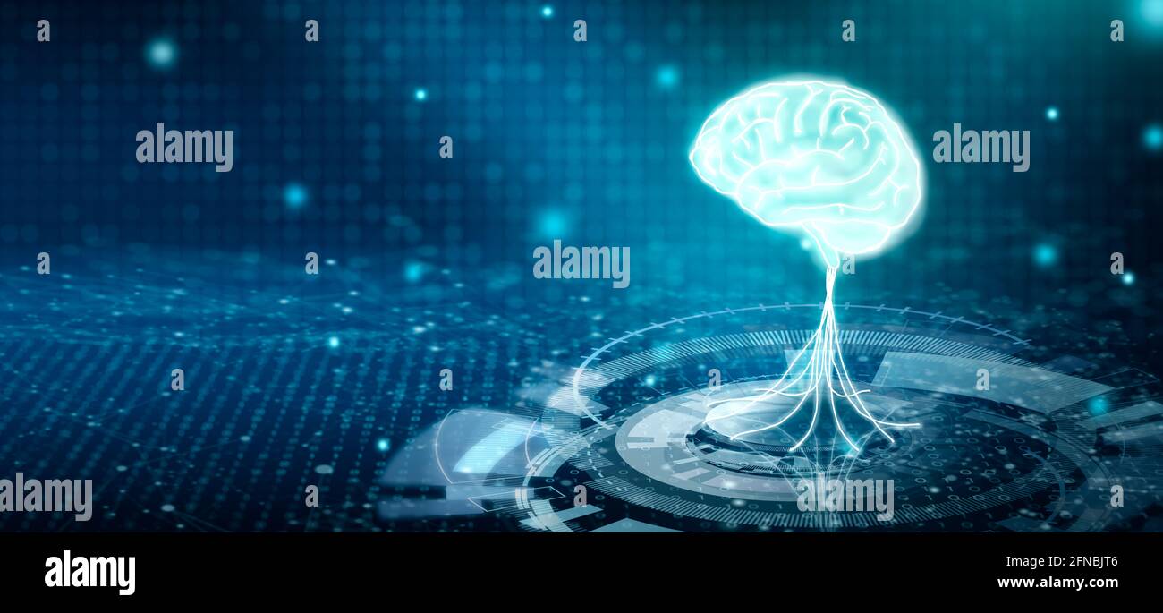 Virtual brain of Artificial intelligence. Machine learning, Neural network of Futuristic technology. Ai Network brain on business analysis information. Stock Photo
